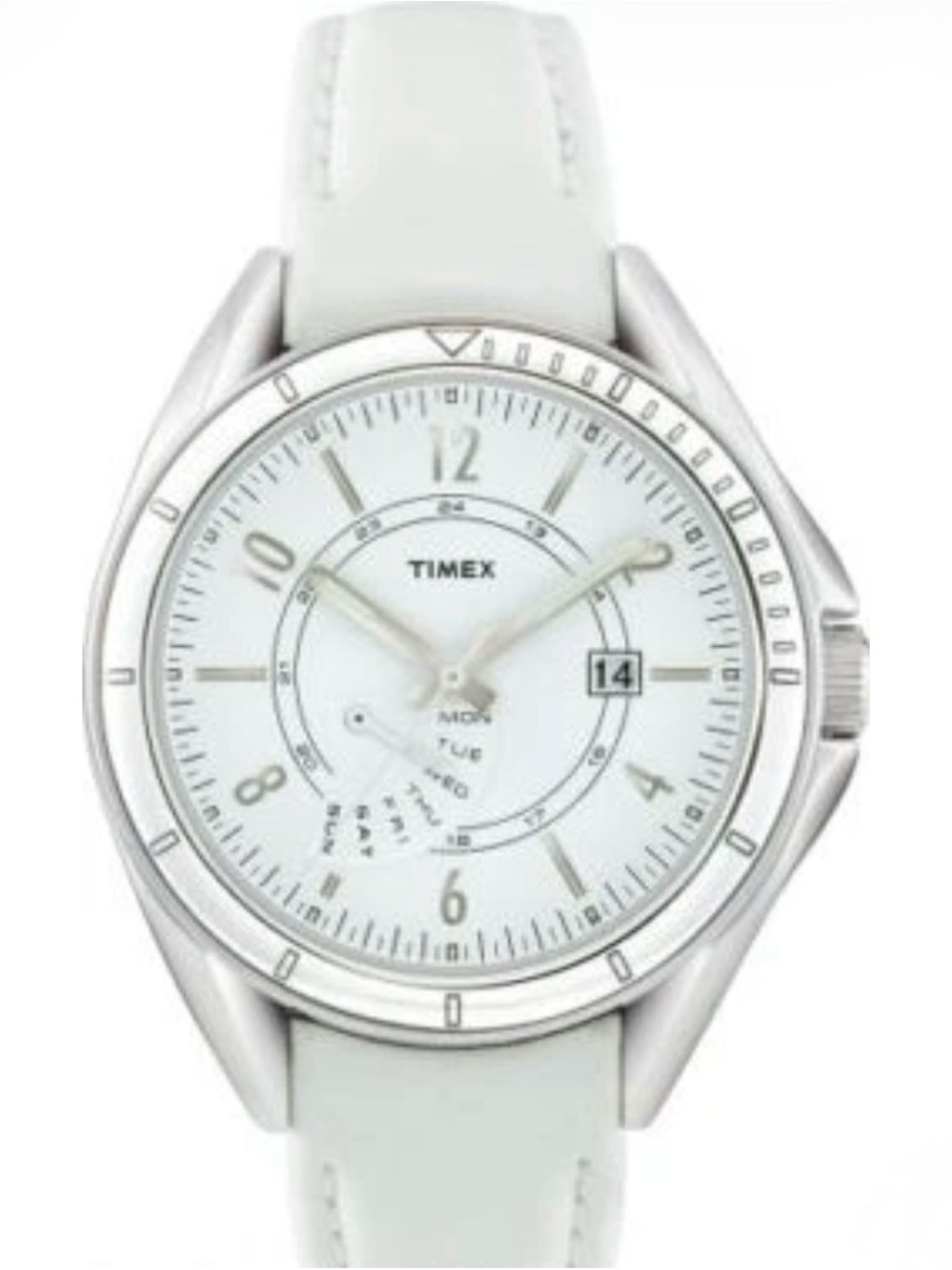 Timex Silver-Tone Case White Dial White Leather Strap Watch